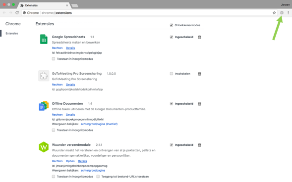 Google chrome extensie inschakelen