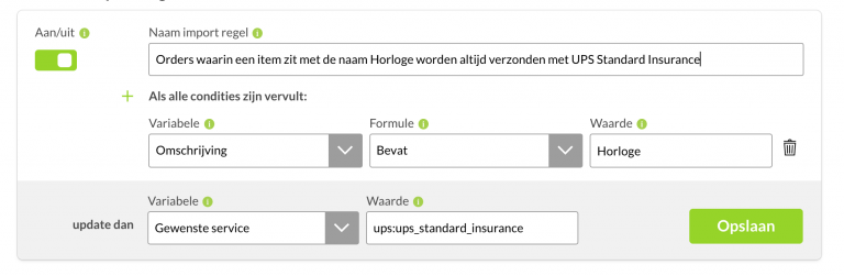 Ingevulde order via import regel